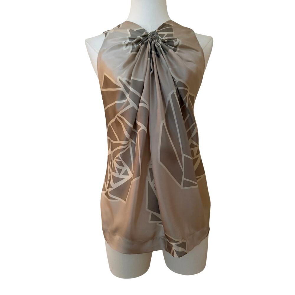 Robert Rodriquez Silver/Grey Knot Front Blouse Sleeveless 100% Silk Abstract - 2